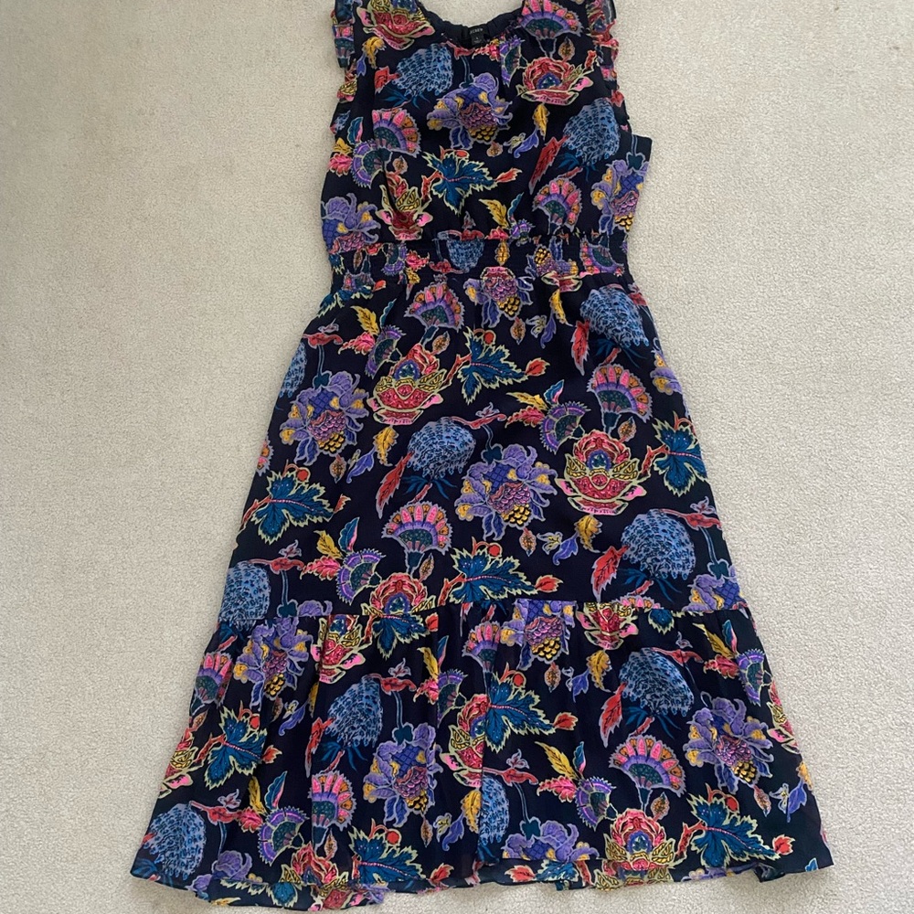Jcrew Smocked-waist Midi Floral Sleeveless Dress - Navy Saffron Multi- LARGE